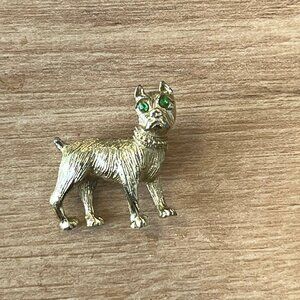 🦴COOL DOG LOVERS! Vintage Gold Toned Boxer with Dog Green Eyes, Signed Nemo 🦴